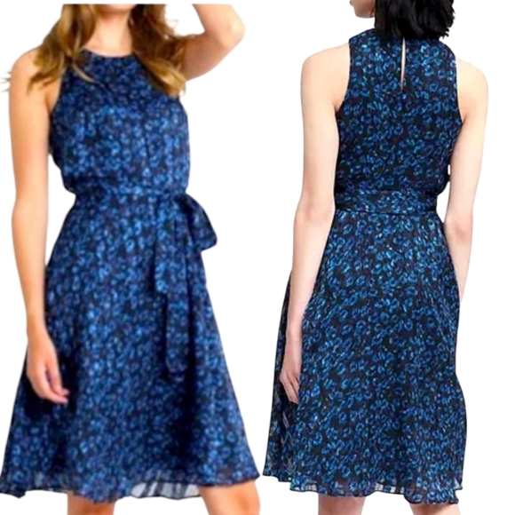 BANANA REPUBLIC Blue Leopard Print Sleeveless Blouson Dress - Size 12 - Picture 1 of 15